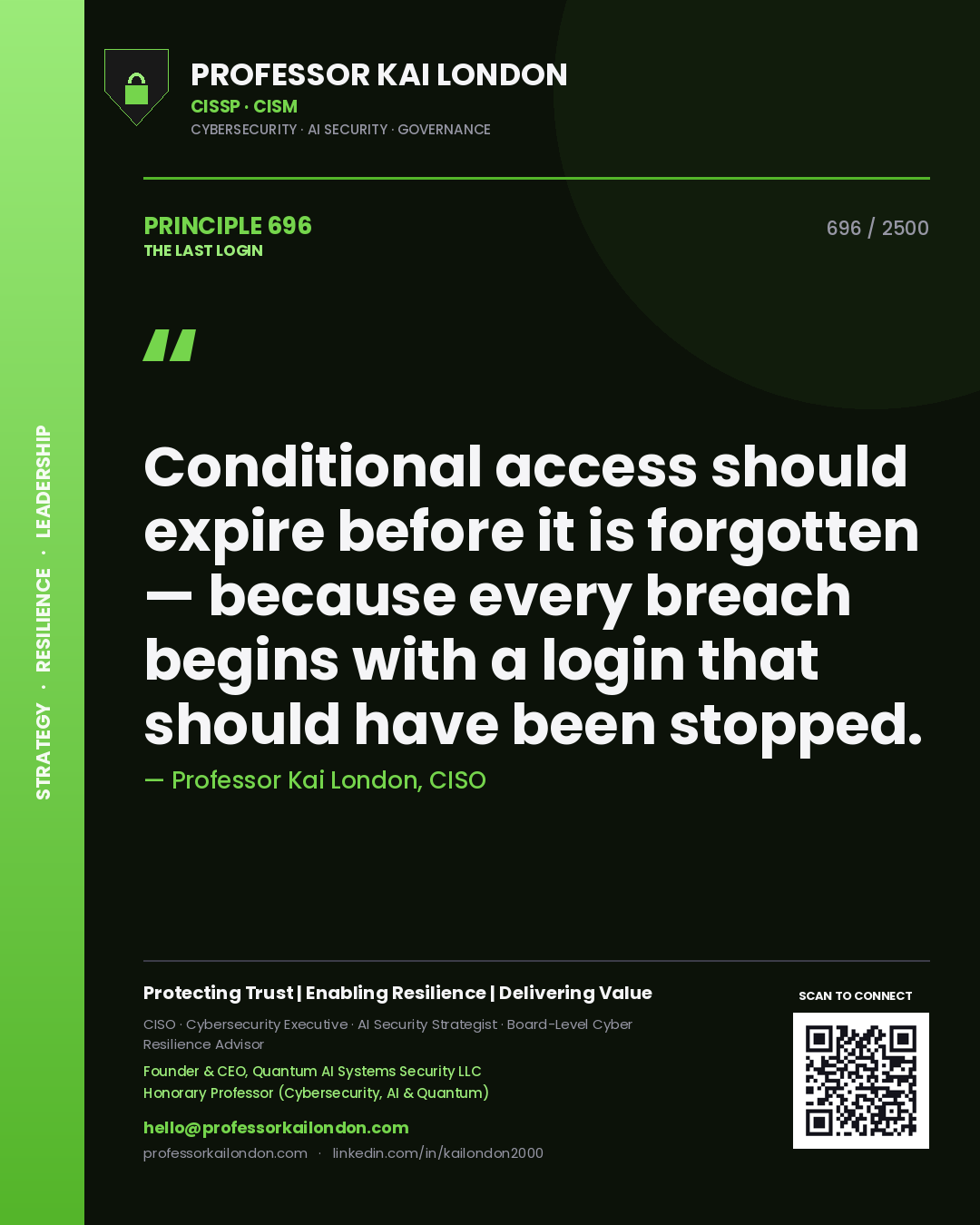 Quote card by Professor Kai London reading 'Conditional access should expire before it is forgotten — because every breach begins with a login that should have been stopped.'. From the book The Last Login.