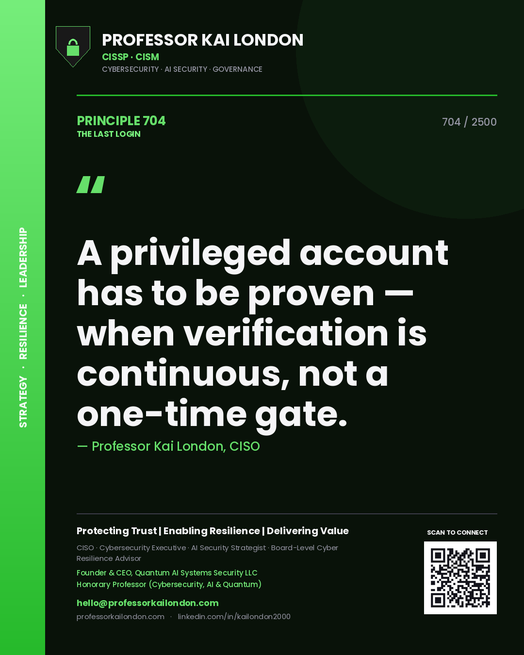 Professor Kai London principle 704: A privileged account has to be proven — when verification is continuous, not a one-time gate.