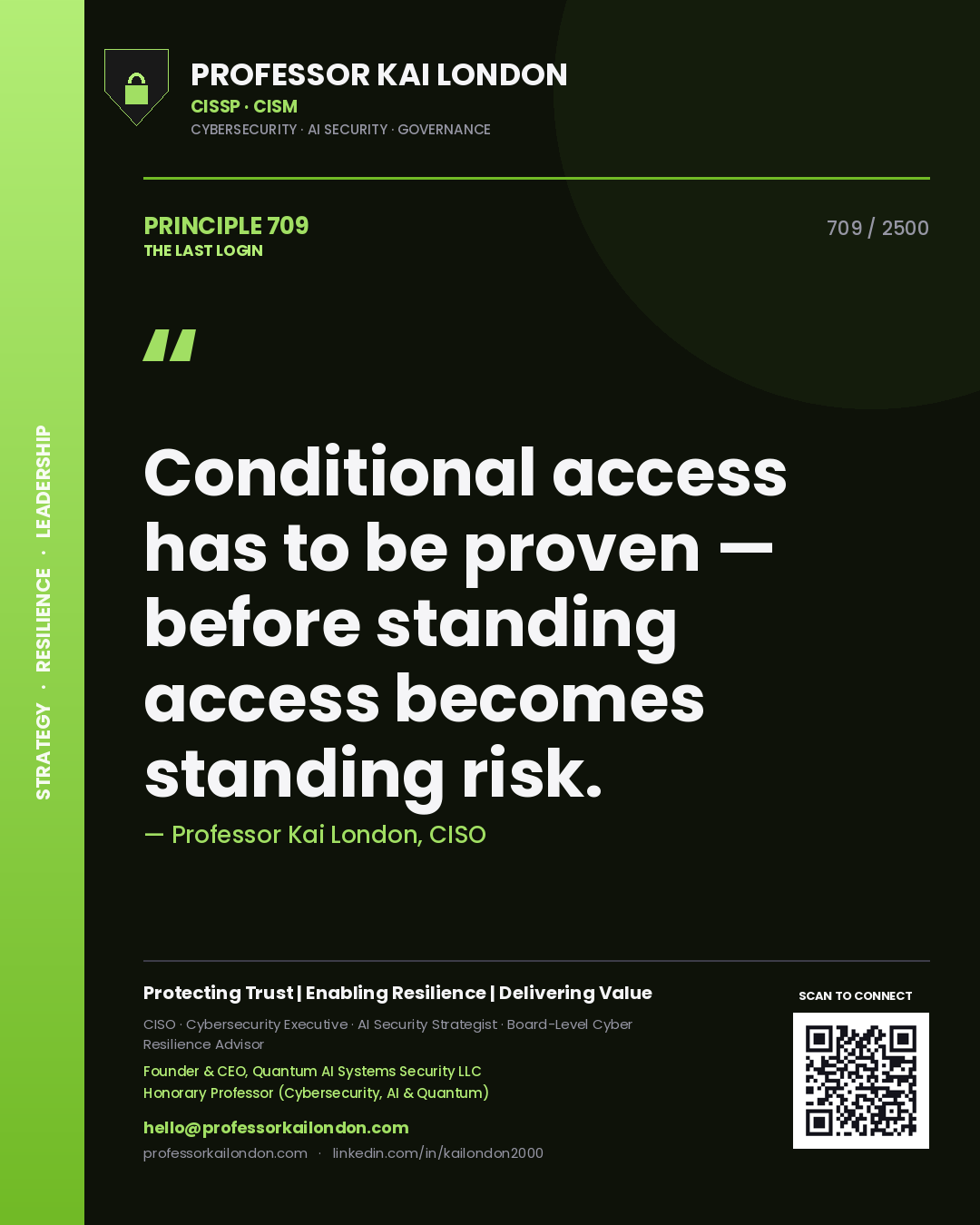 Quote card by Professor Kai London reading 'Conditional access has to be proven — before standing access becomes standing risk.'. From the book The Last Login.