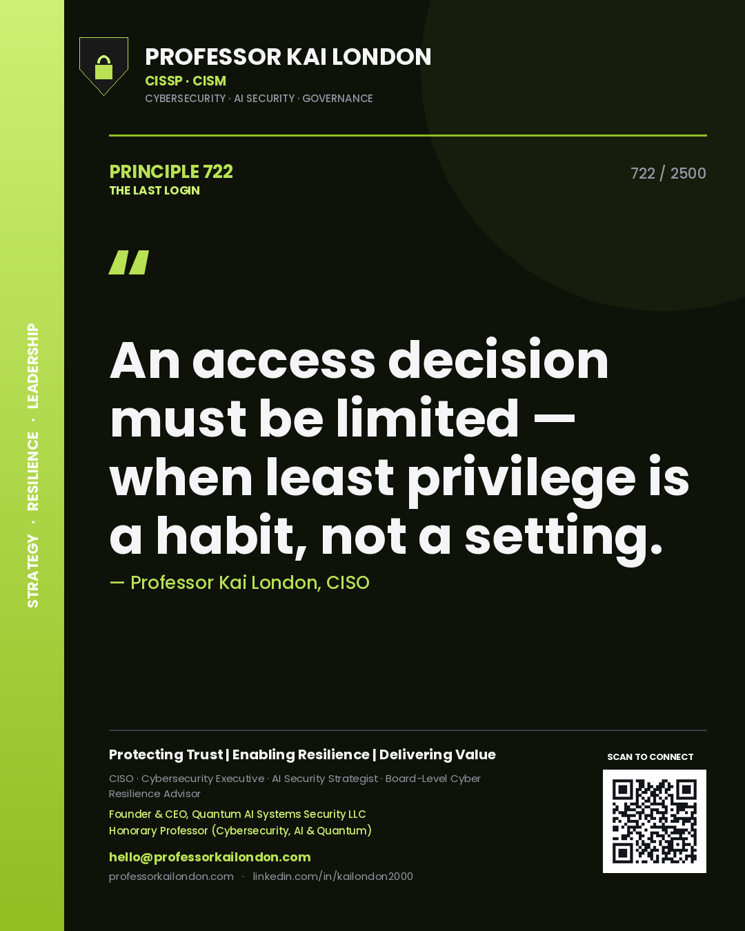 Professor Kai London principle 722: An access decision must be limited — when least privilege is a habit, not a setting.