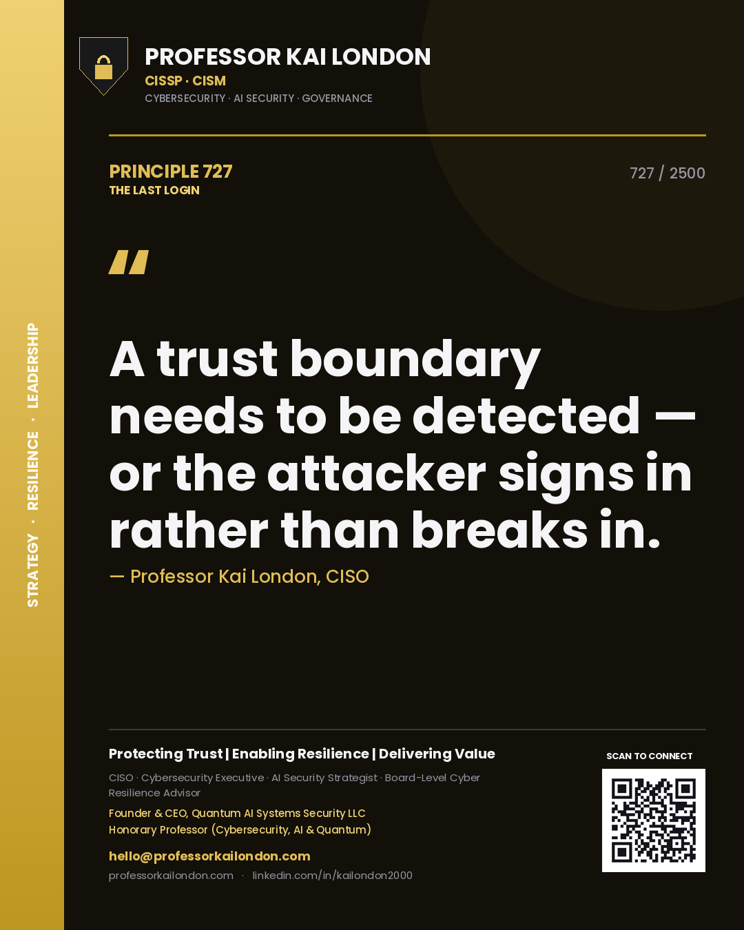 Quote card by Professor Kai London reading 'A trust boundary needs to be detected — or the attacker signs in rather than breaks in.'. From the book The Last Login.