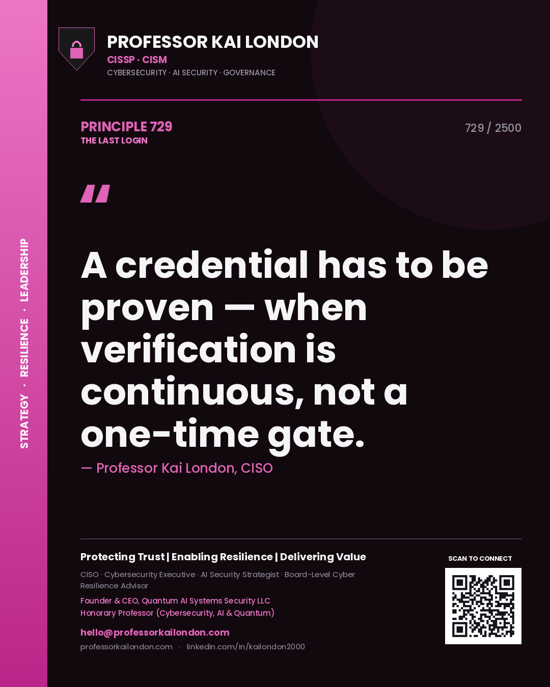 Quote card by Professor Kai London reading 'A credential has to be proven — when verification is continuous, not a one-time gate.'. From the book The Last Login.