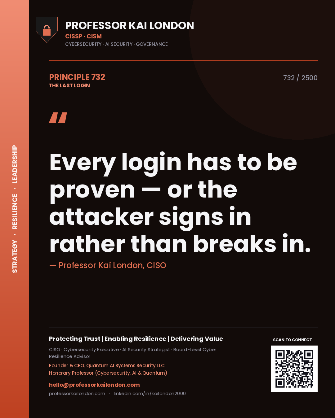 Professor Kai London principle 732: Every login has to be proven — or the attacker signs in rather than breaks in.