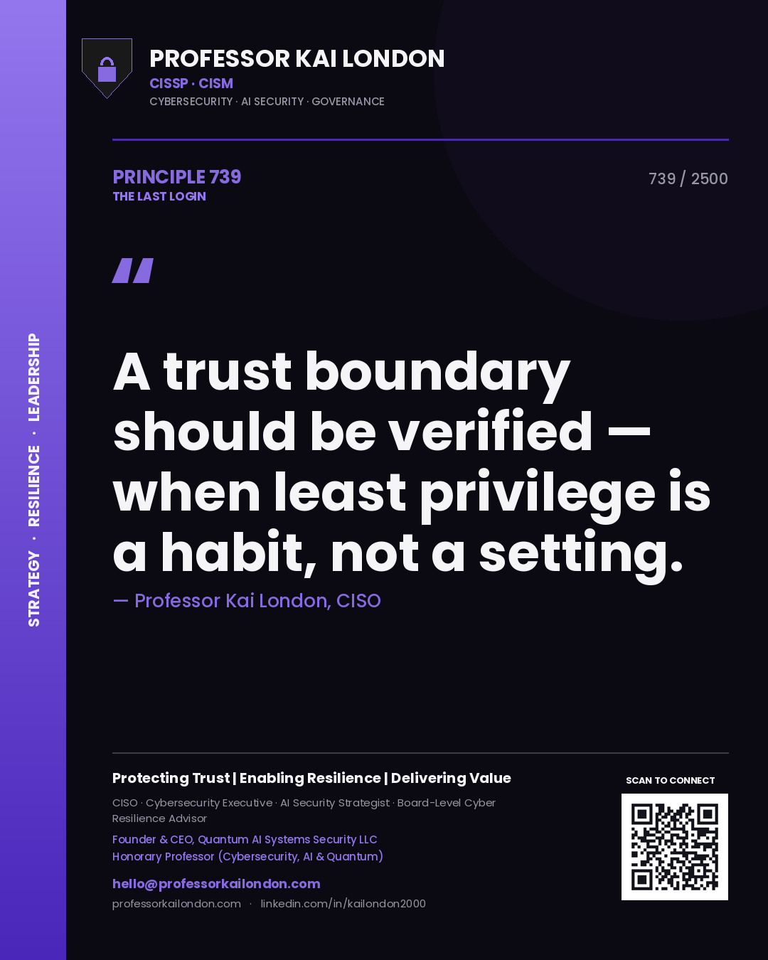 Quote card by Professor Kai London reading 'A trust boundary should be verified — when least privilege is a habit, not a setting.'. From the book The Last Login.
