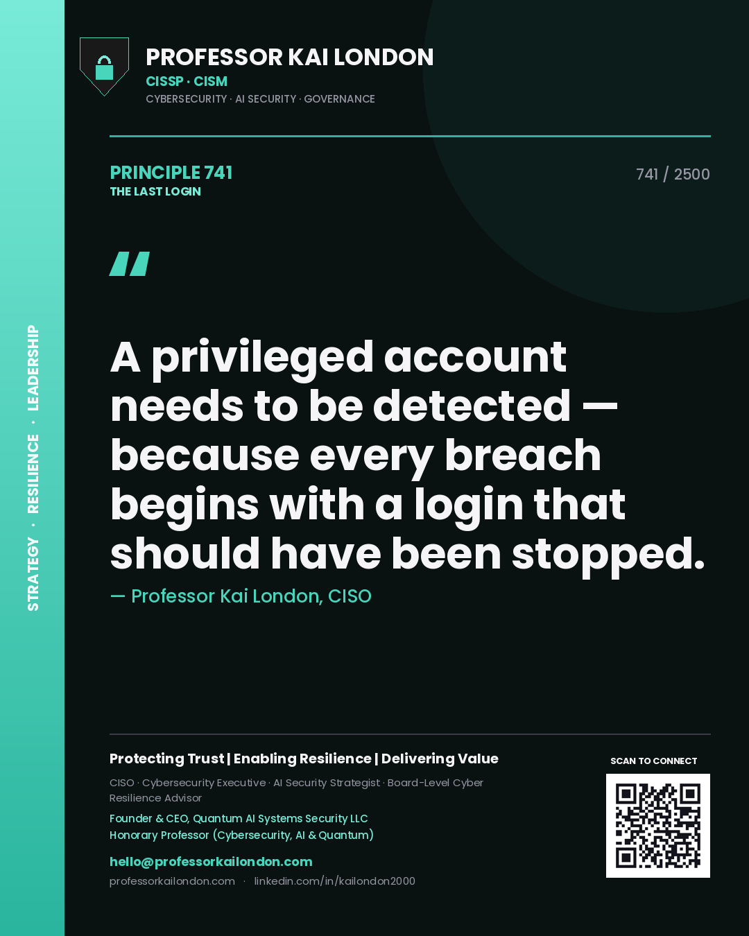 Professor Kai London principle 741: A privileged account needs to be detected — because every breach begins with a login that should have been stopped.