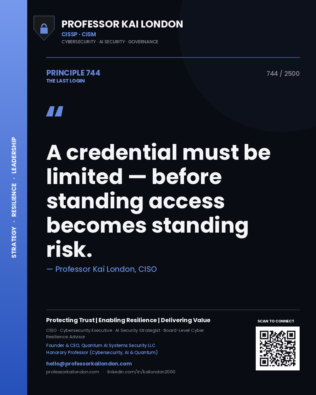 Quote card by Professor Kai London reading 'A credential must be limited — before standing access becomes standing risk.'. From the book The Last Login.