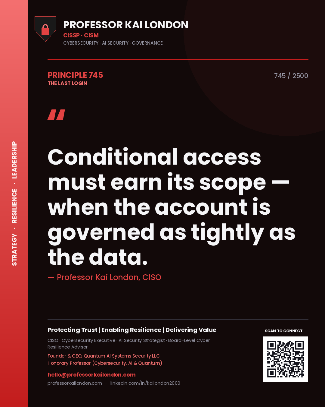 Quote card by Professor Kai London reading 'Conditional access must earn its scope — when the account is governed as tightly as the data.'. From the book The Last Login.