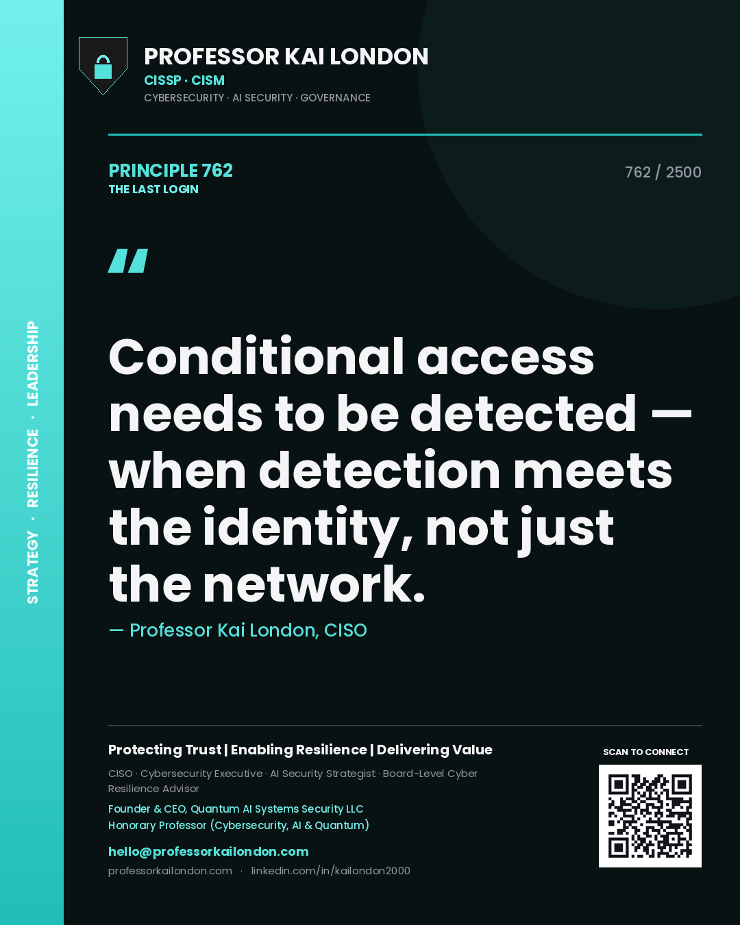 Quote card by Professor Kai London reading 'Conditional access needs to be detected — when detection meets the identity, not just the network.'. From the book The Last Login.