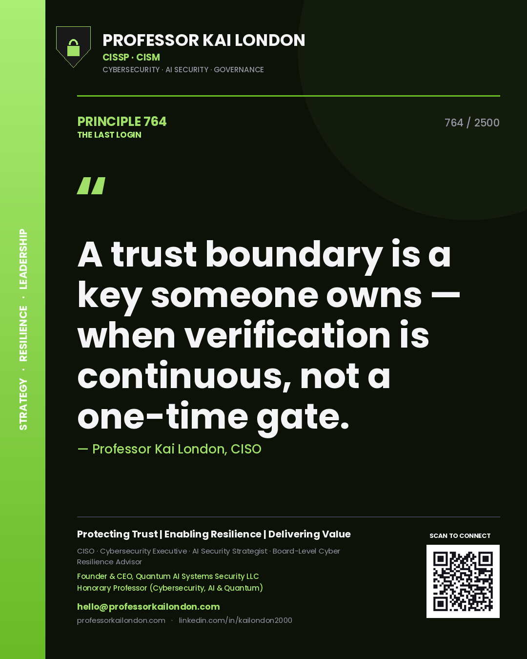 Quote card by Professor Kai London reading 'A trust boundary is a key someone owns — when verification is continuous, not a one-time gate.'. From the book The Last Login.