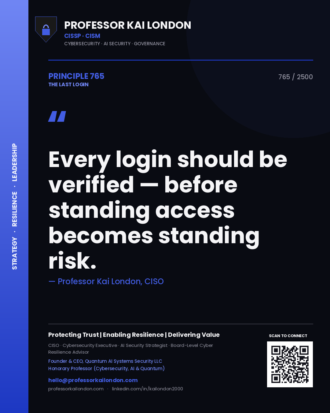 Professor Kai London principle 765: Every login should be verified — before standing access becomes standing risk.