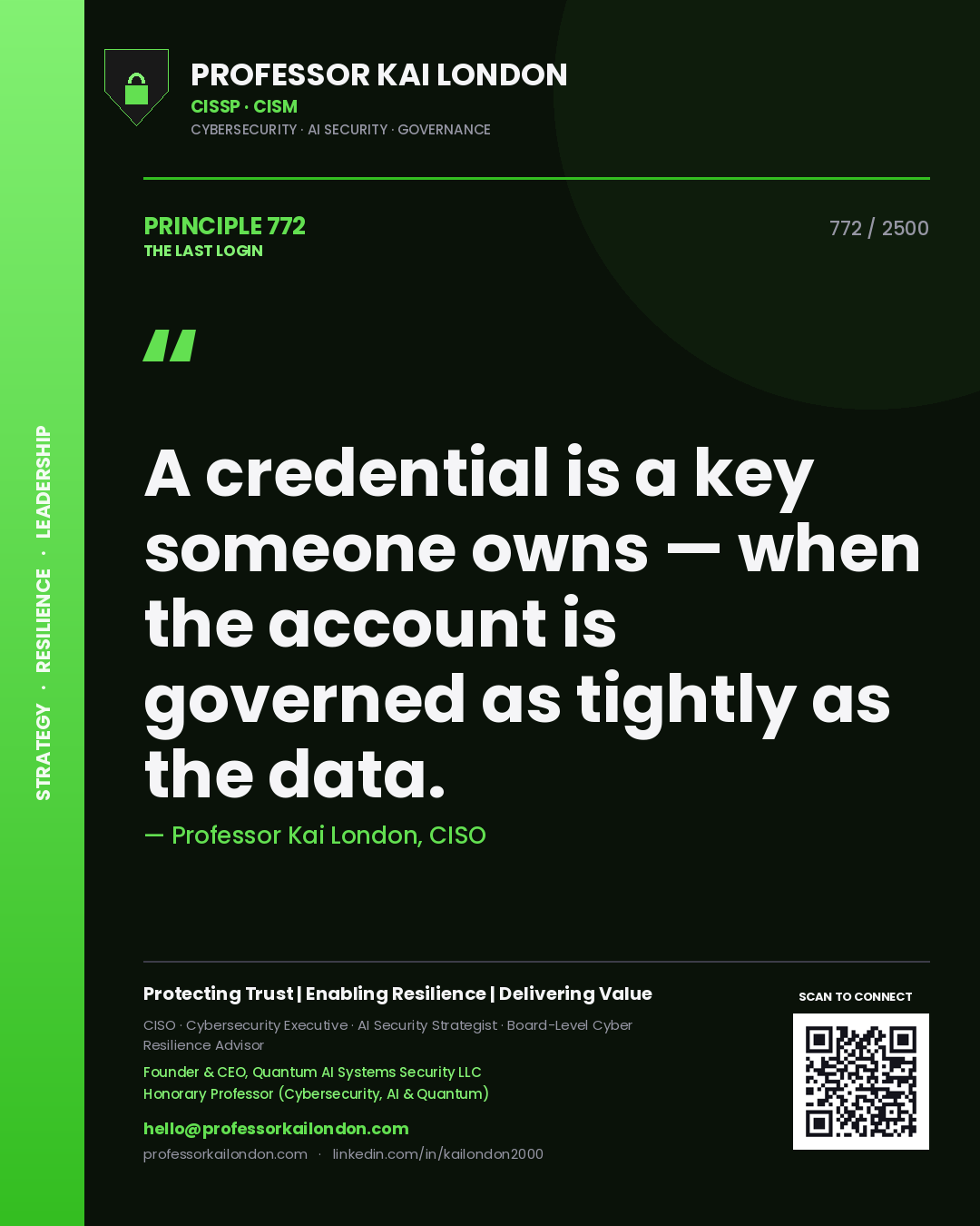 Quote card by Professor Kai London reading 'A credential is a key someone owns — when the account is governed as tightly as the data.'. From the book The Last Login.
