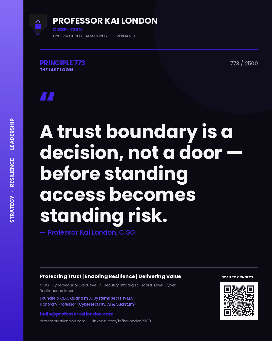 Quote card by Professor Kai London reading 'A trust boundary is a decision, not a door — before standing access becomes standing risk.'. From the book The Last Login.