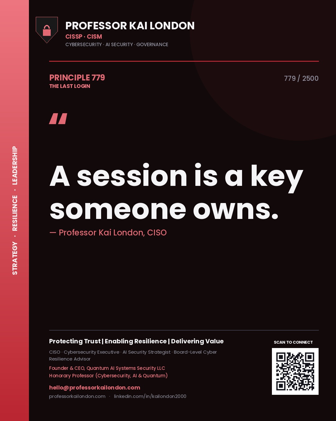 Quote card by Professor Kai London reading 'A session is a key someone owns.'. From the book The Last Login.