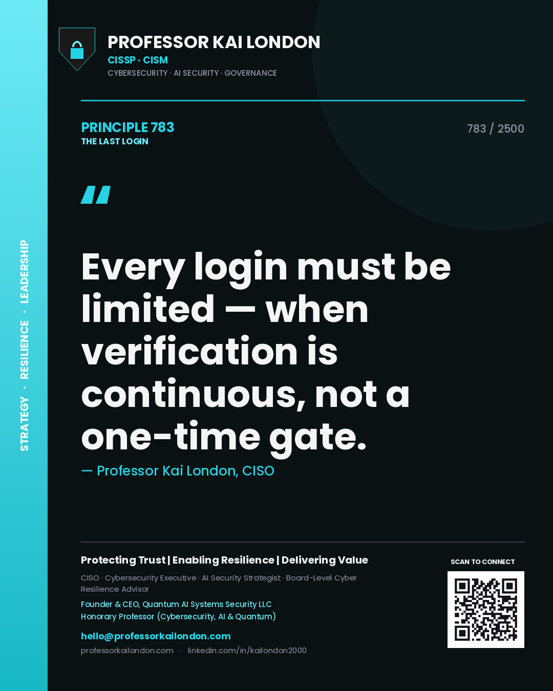Quote card by Professor Kai London reading 'Every login must be limited — when verification is continuous, not a one-time gate.'. From the book The Last Login.