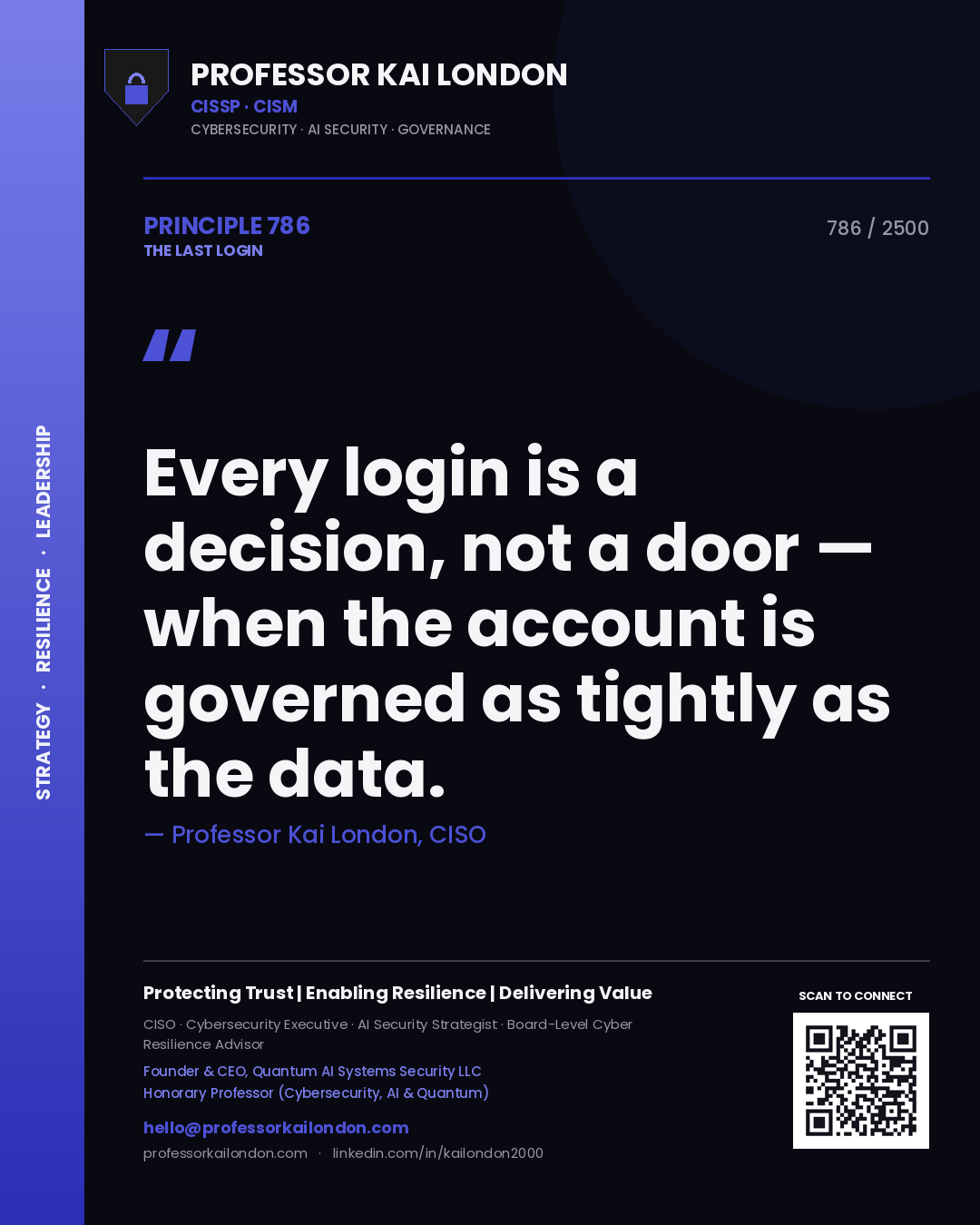 Quote card by Professor Kai London reading 'Every login is a decision, not a door — when the account is governed as tightly as the data.'. From the book The Last Login.