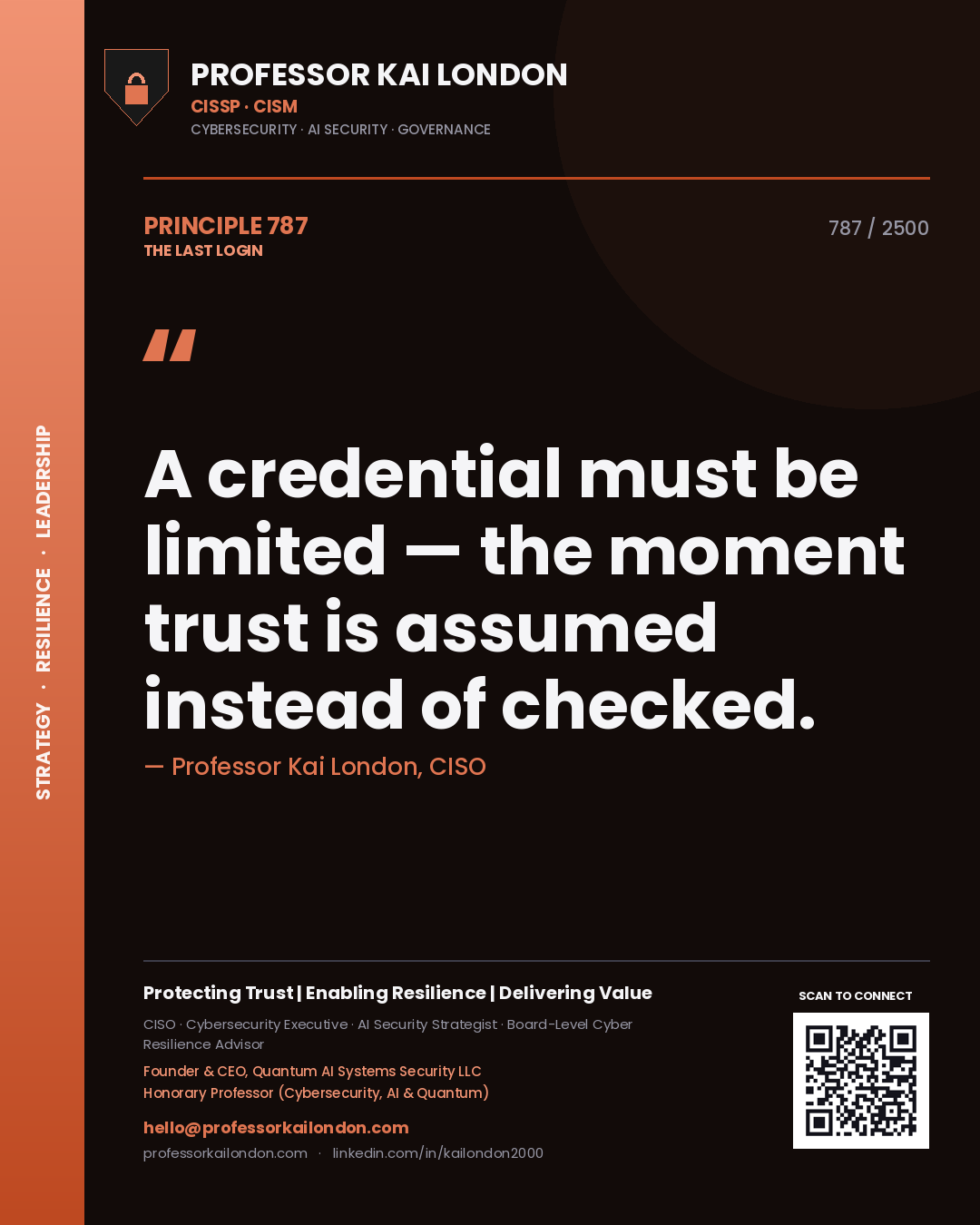 Quote card by Professor Kai London reading 'A credential must be limited — the moment trust is assumed instead of checked.'. From the book The Last Login.