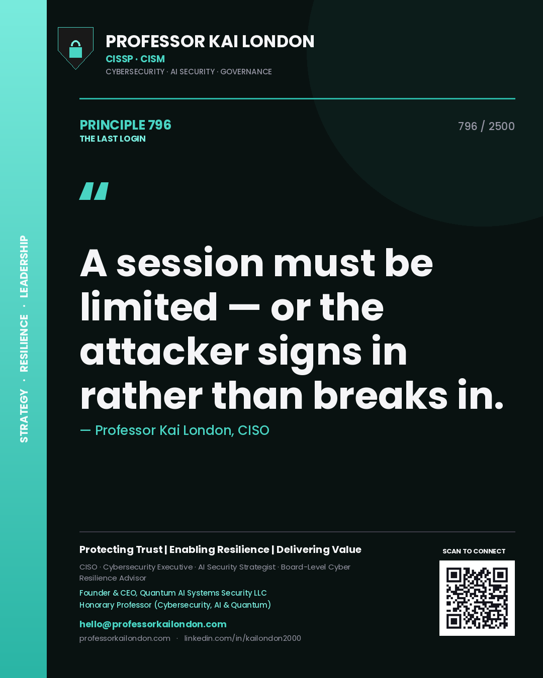 Professor Kai London principle 796: A session must be limited — or the attacker signs in rather than breaks in.
