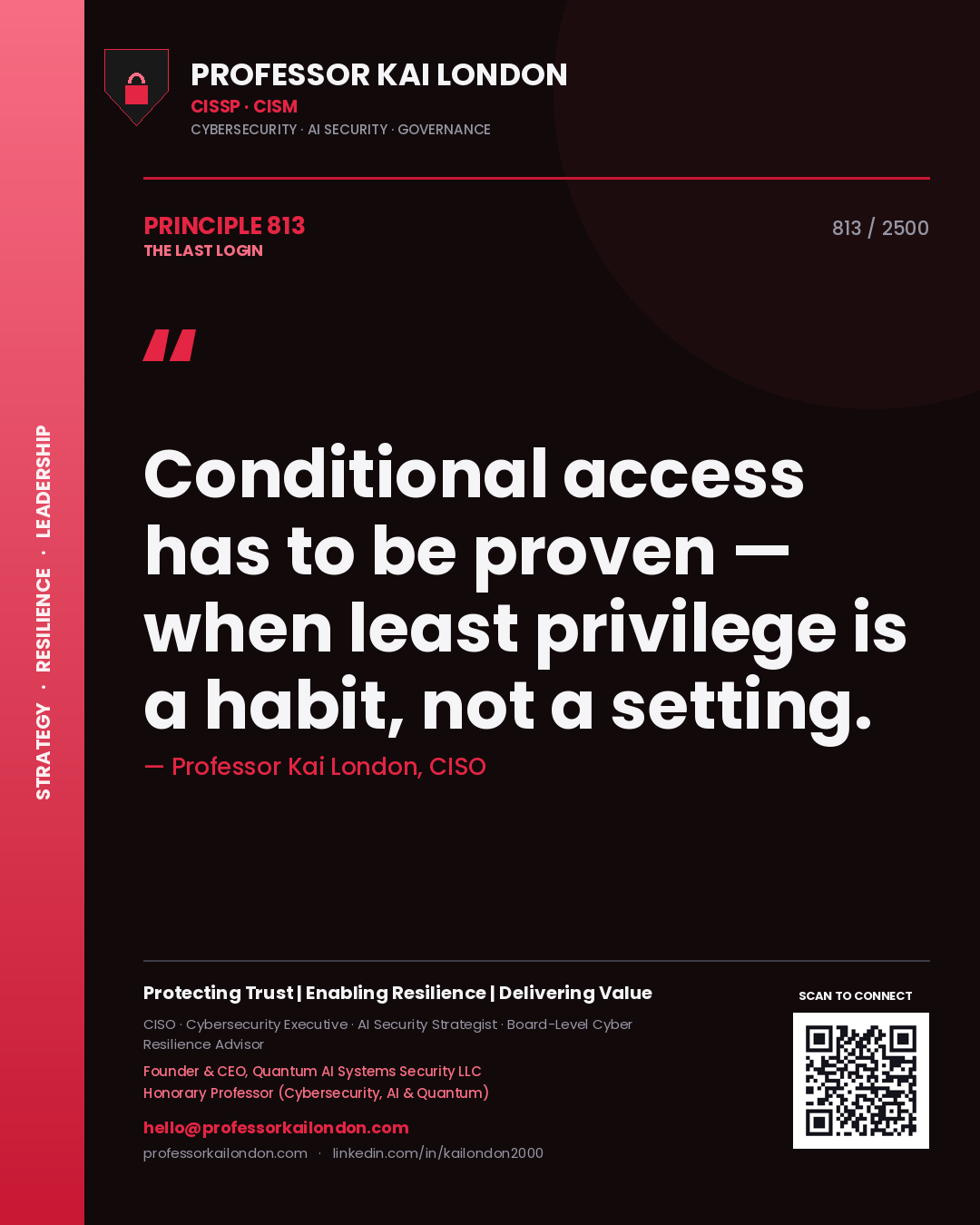 Quote card by Professor Kai London reading 'Conditional access has to be proven — when least privilege is a habit, not a setting.'. From the book The Last Login.