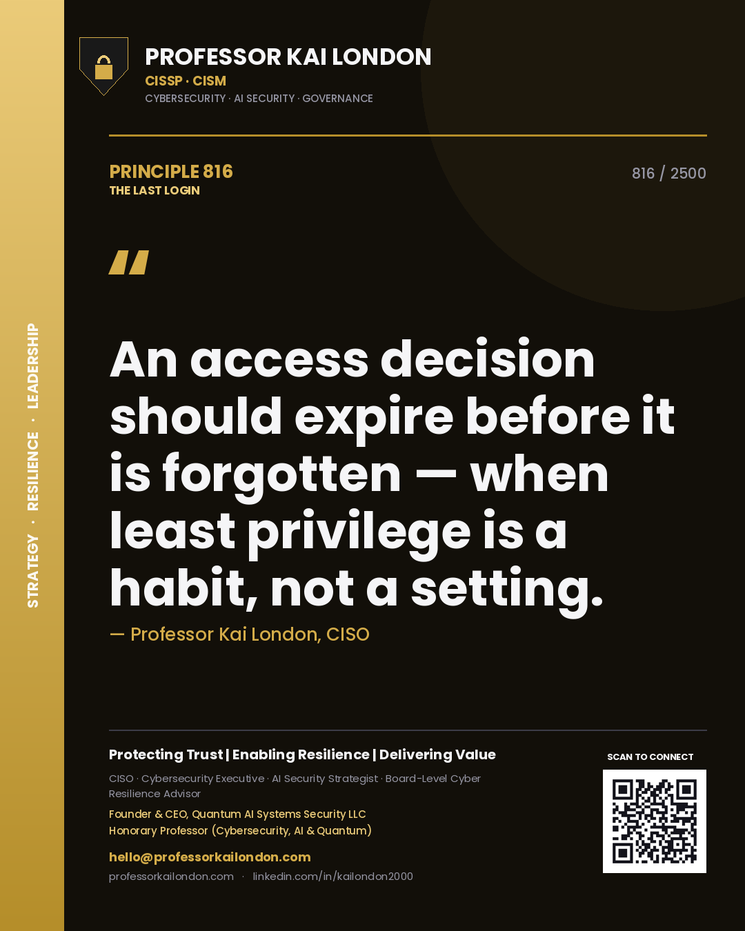 Quote card by Professor Kai London reading 'An access decision should expire before it is forgotten — when least privilege is a habit, not a setting.'. From the book The Last Login.