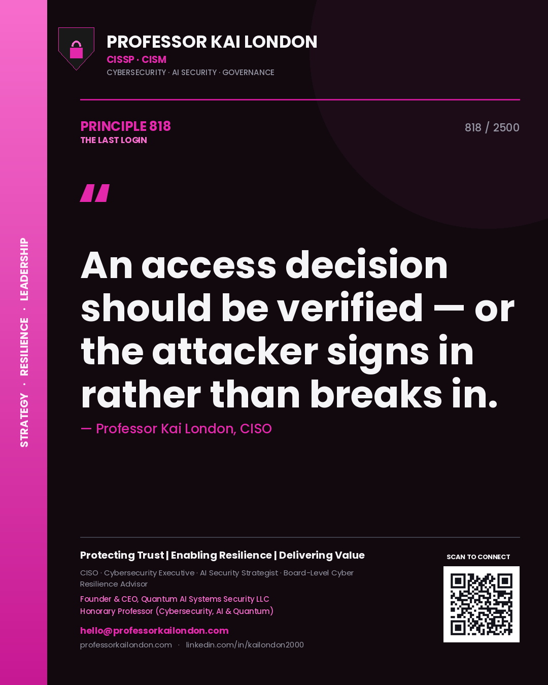 Professor Kai London principle 818: An access decision should be verified — or the attacker signs in rather than breaks in.