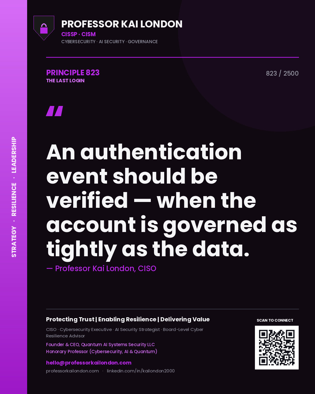 Quote card by Professor Kai London reading 'An authentication event should be verified — when the account is governed as tightly as the data.'. From the book The Last Login.