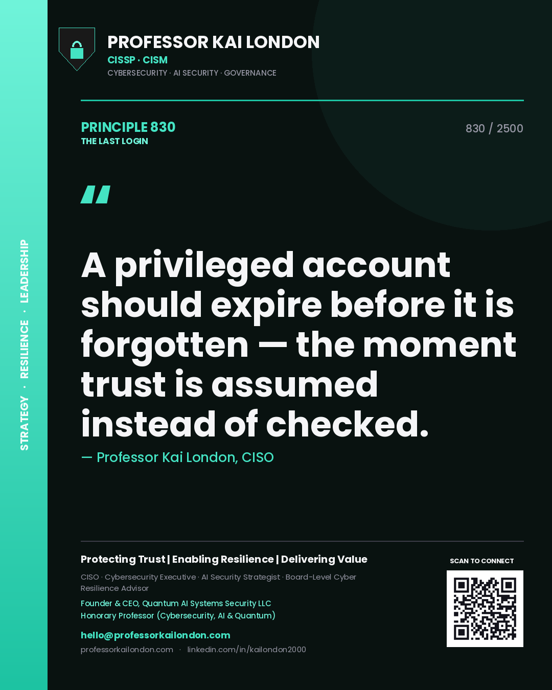 Professor Kai London principle 830: A privileged account should expire before it is forgotten — the moment trust is assumed instead of checked.