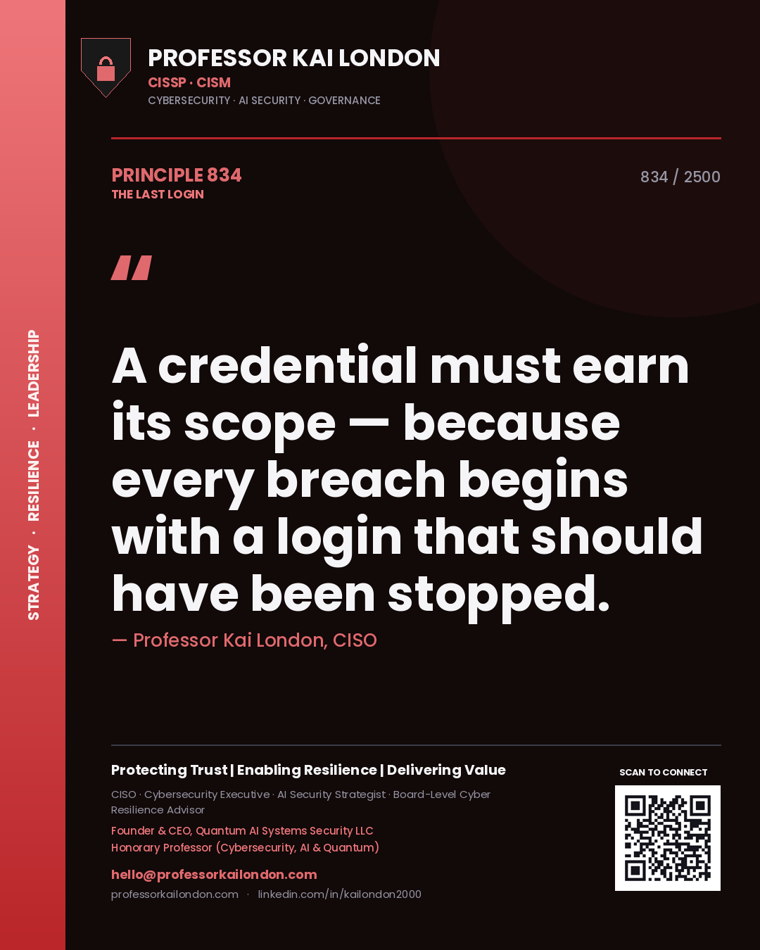 Professor Kai London principle 834: A credential must earn its scope — because every breach begins with a login that should have been stopped.