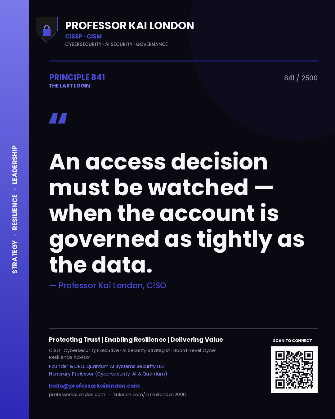 Quote card by Professor Kai London reading 'An access decision must be watched — when the account is governed as tightly as the data.'. From the book The Last Login.