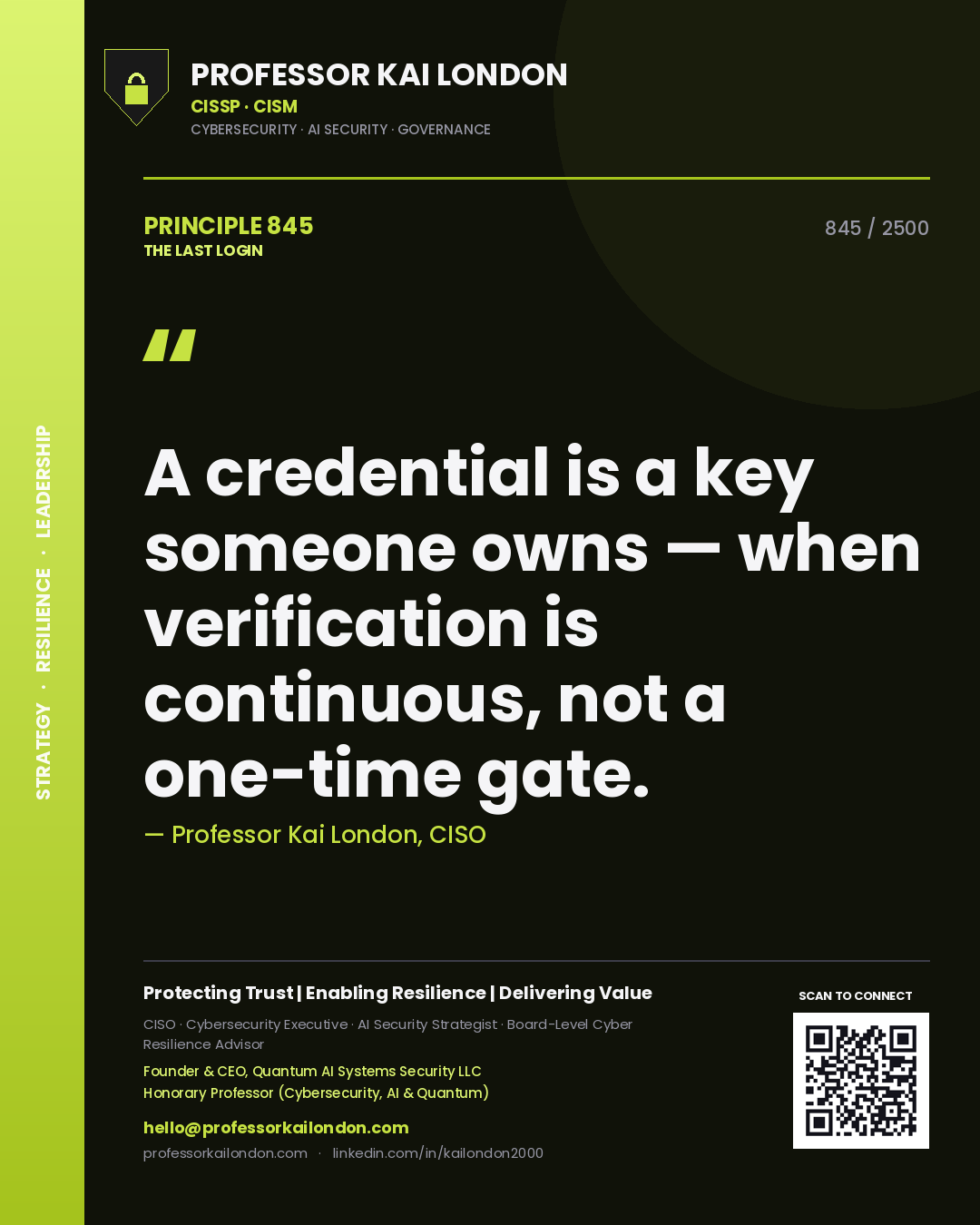 Quote card by Professor Kai London reading 'A credential is a key someone owns — when verification is continuous, not a one-time gate.'. From the book The Last Login.