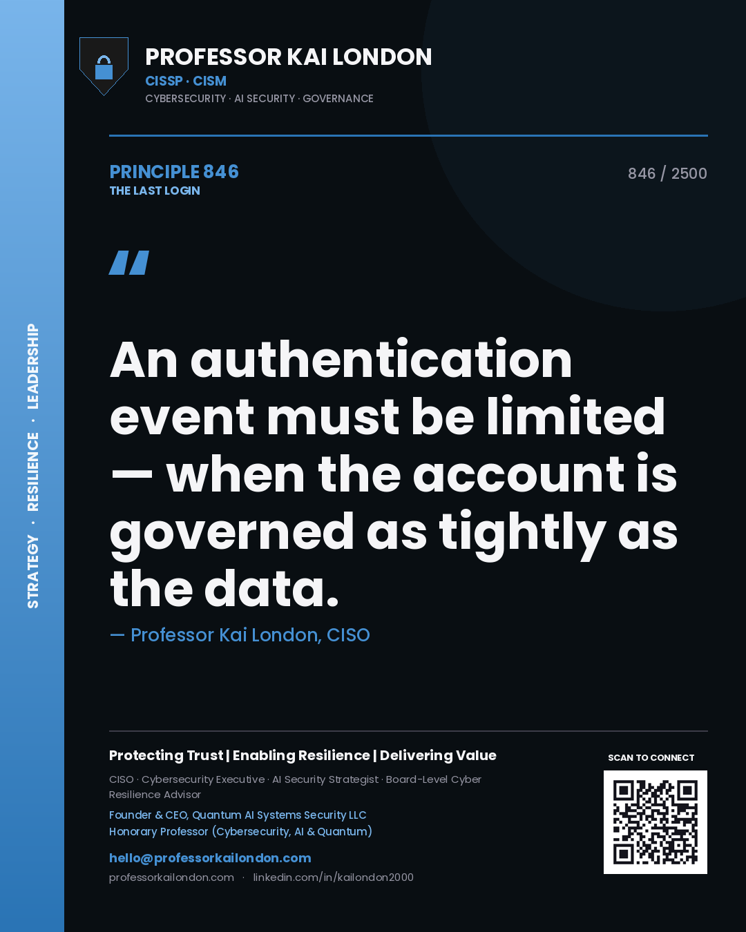 Quote card by Professor Kai London reading 'An authentication event must be limited — when the account is governed as tightly as the data.'. From the book The Last Login.