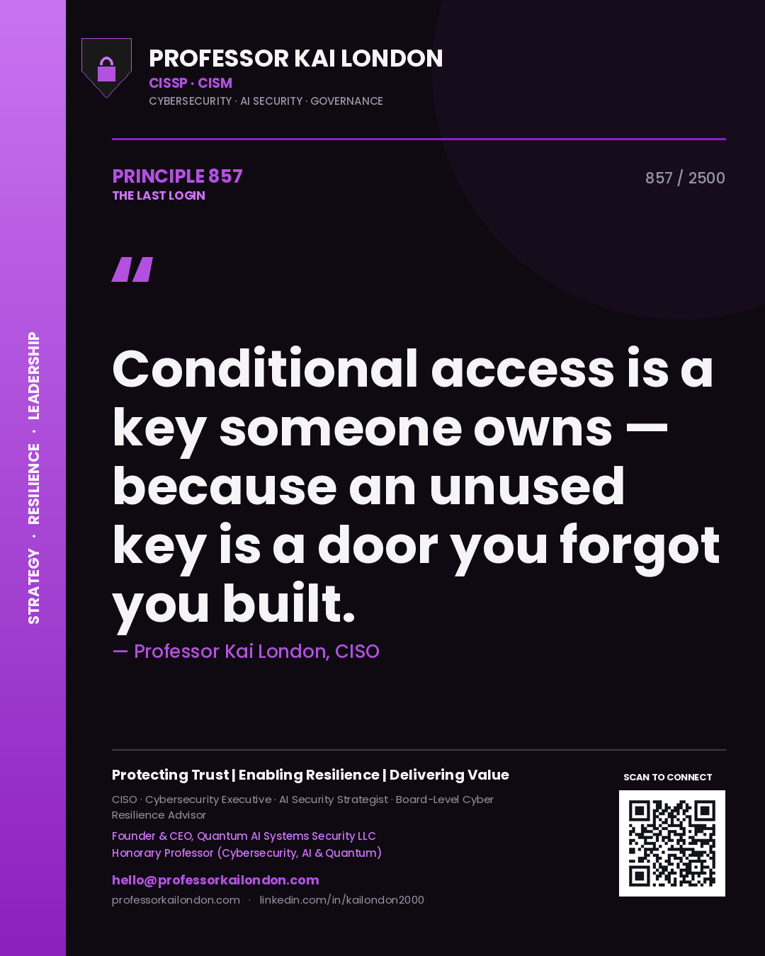 Quote card by Professor Kai London reading 'Conditional access is a key someone owns — because an unused key is a door you forgot you built.'. From the book The Last Login.