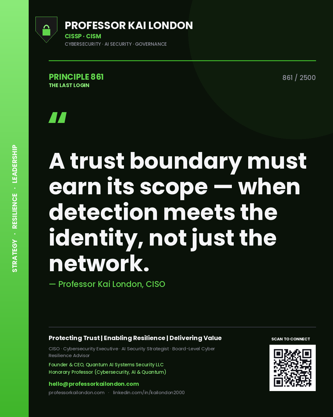 Quote card by Professor Kai London reading 'A trust boundary must earn its scope — when detection meets the identity, not just the network.'. From the book The Last Login.