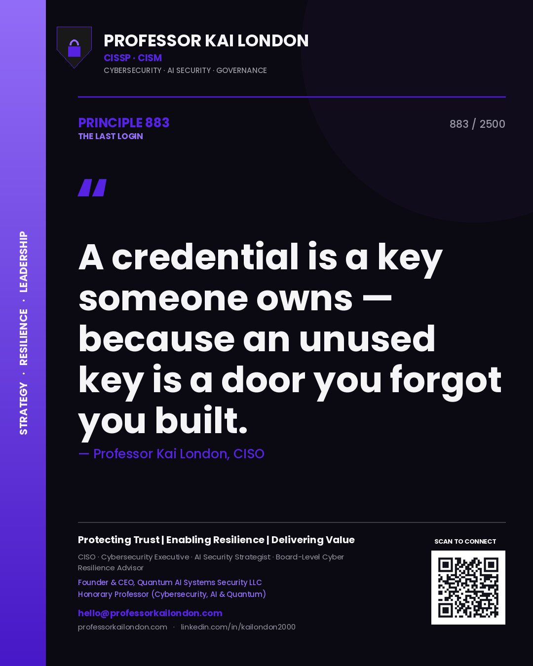 Professor Kai London principle 883: A credential is a key someone owns — because an unused key is a door you forgot you built.