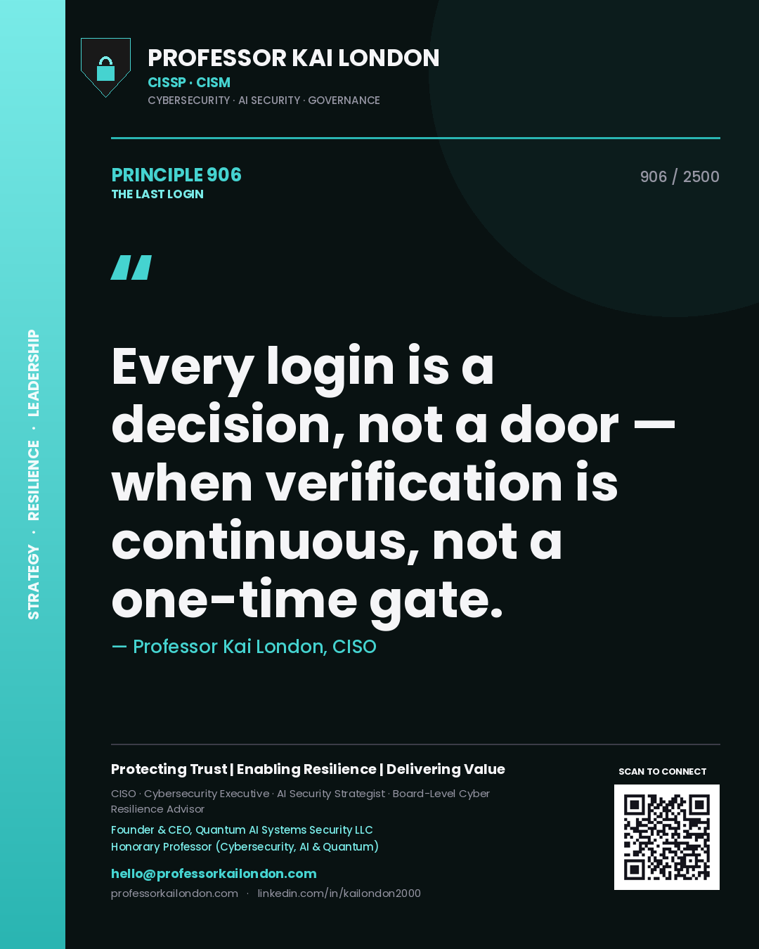 Quote card by Professor Kai London reading 'Every login is a decision, not a door — when verification is continuous, not a one-time gate.'. From the book The Last Login.