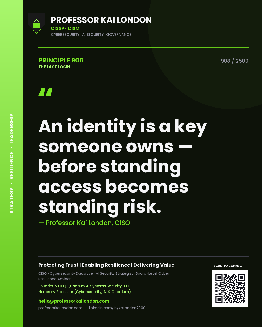 Quote card by Professor Kai London reading 'An identity is a key someone owns — before standing access becomes standing risk.'. From the book The Last Login.