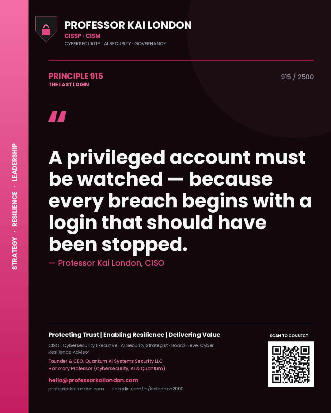 Professor Kai London principle 915: A privileged account must be watched — because every breach begins with a login that should have been stopped.