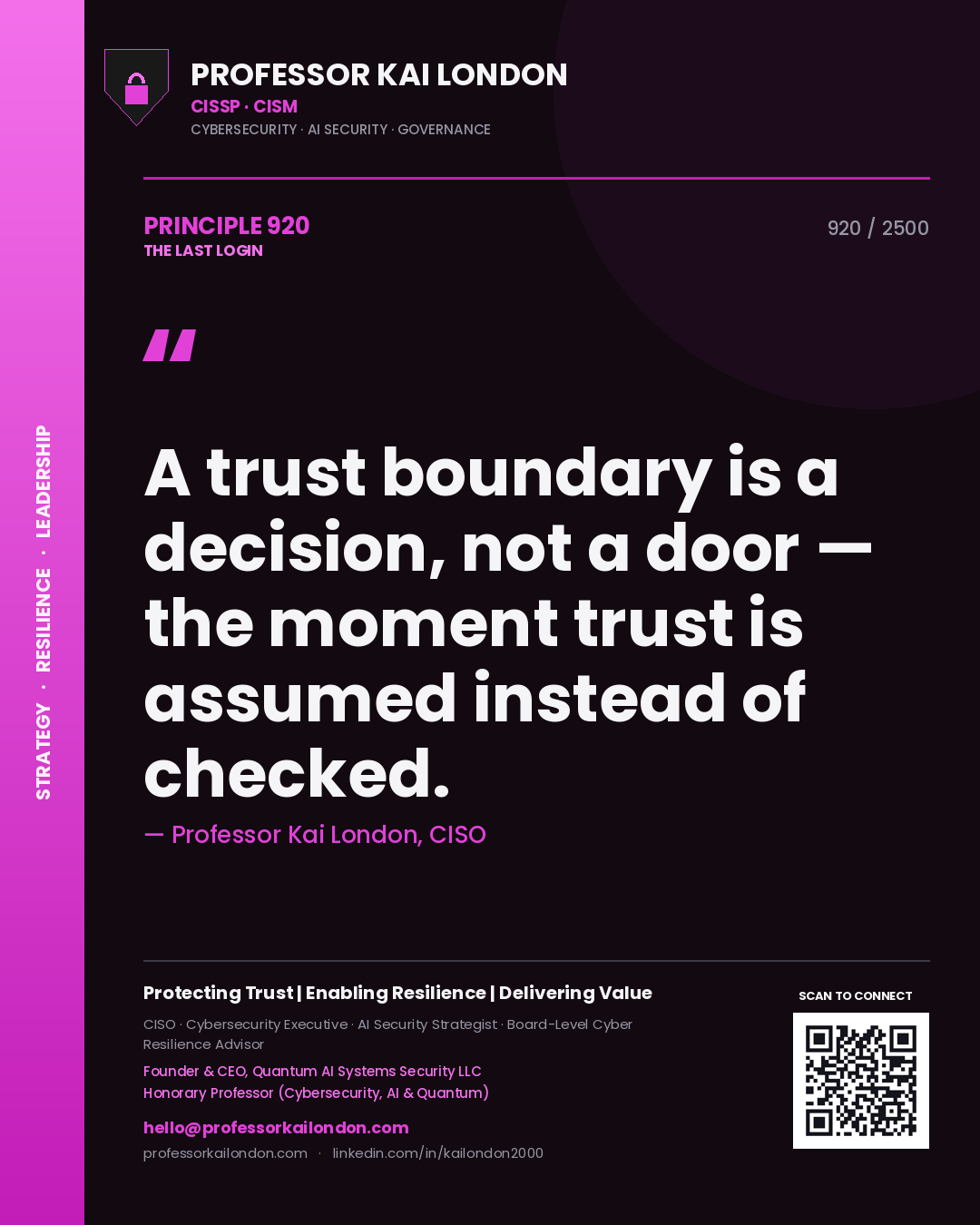 Professor Kai London principle 920: A trust boundary is a decision, not a door — the moment trust is assumed instead of checked.
