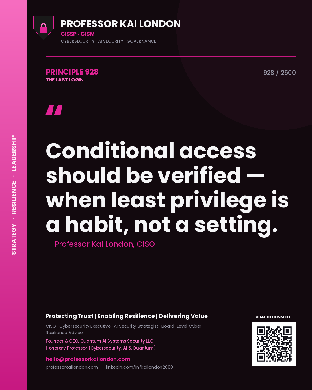 Quote card by Professor Kai London reading 'Conditional access should be verified — when least privilege is a habit, not a setting.'. From the book The Last Login.