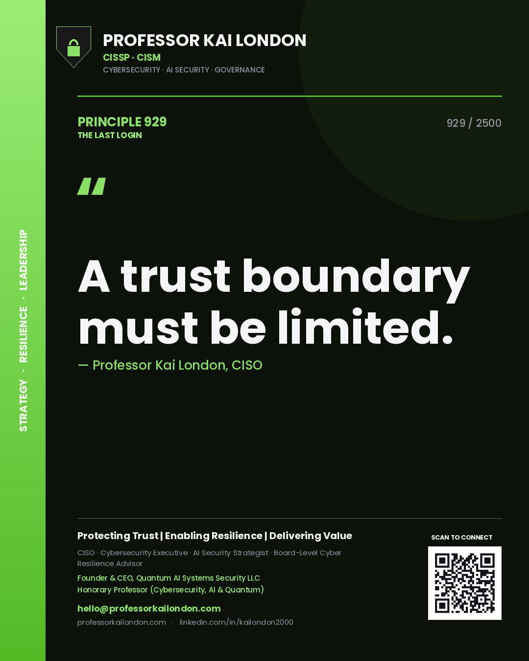 Quote card by Professor Kai London reading 'A trust boundary must be limited.'. From the book The Last Login.