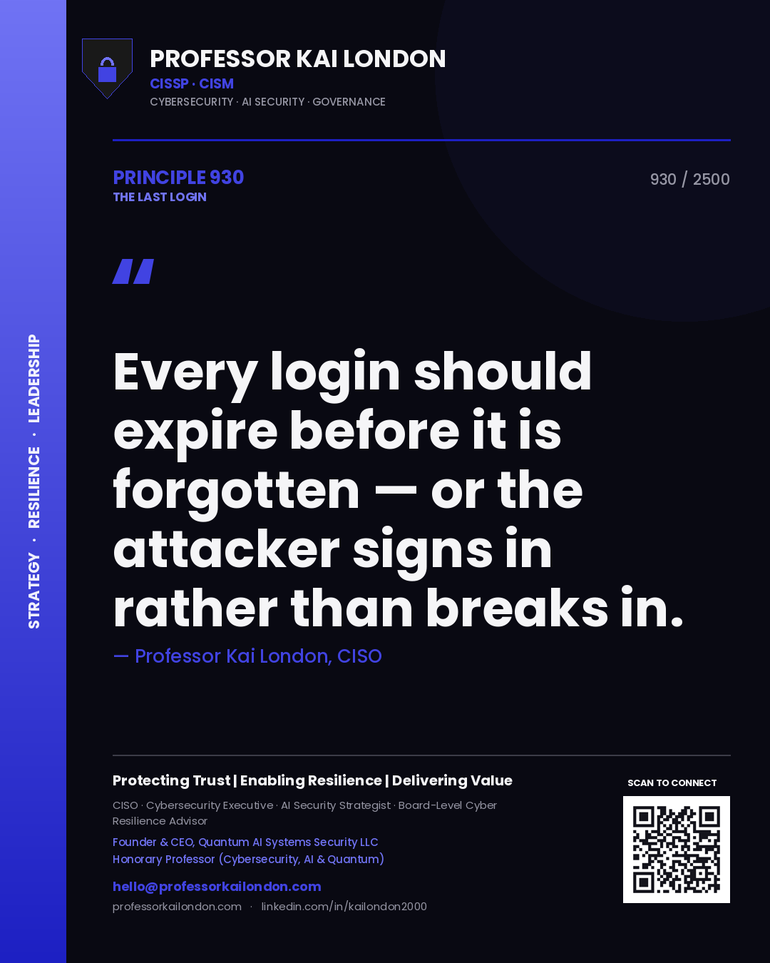 Quote card by Professor Kai London reading 'Every login should expire before it is forgotten — or the attacker signs in rather than breaks in.'. From the book The Last Login.