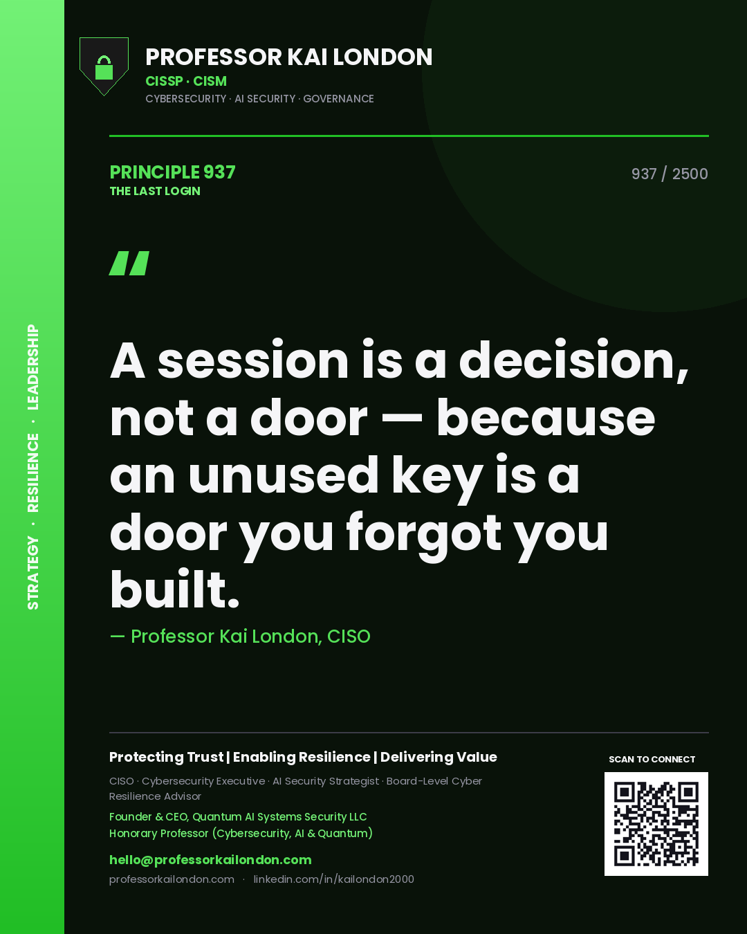 Professor Kai London principle 937: A session is a decision, not a door — because an unused key is a door you forgot you built.