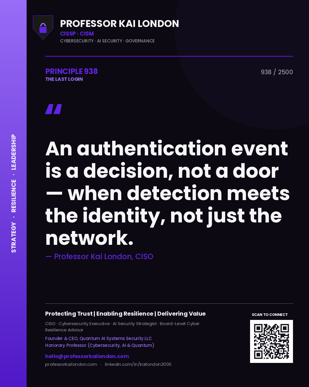 Quote card by Professor Kai London reading 'An authentication event is a decision, not a door — when detection meets the identity, not just the network.'. From the book The Last Login.