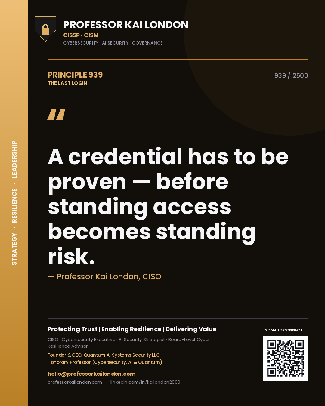 Professor Kai London principle 939: A credential has to be proven — before standing access becomes standing risk.