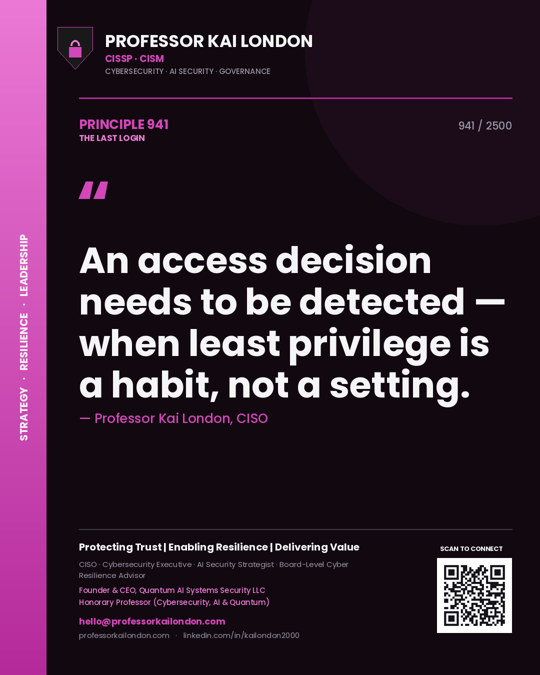 Quote card by Professor Kai London reading 'An access decision needs to be detected — when least privilege is a habit, not a setting.'. From the book The Last Login.