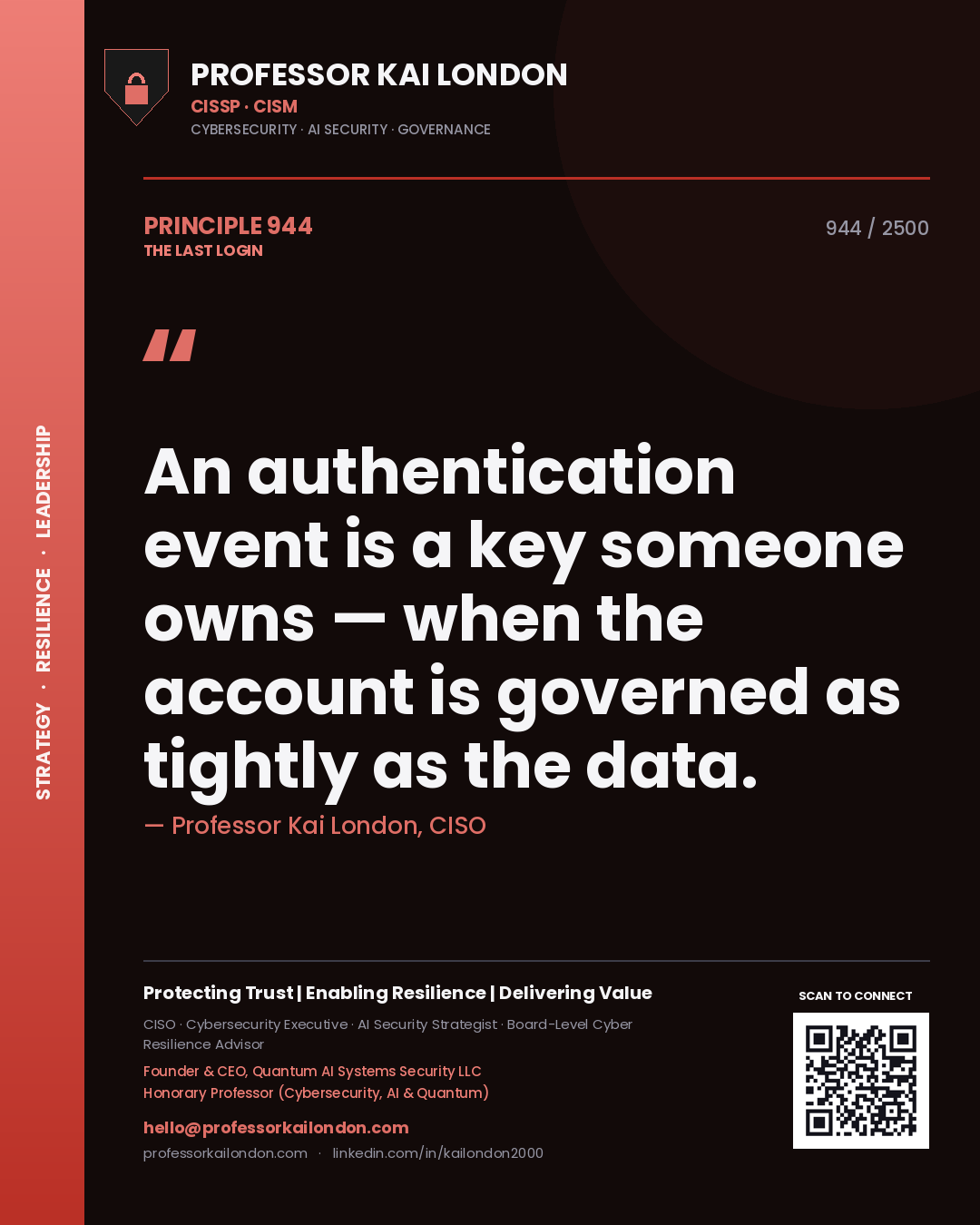 Quote card by Professor Kai London reading 'An authentication event is a key someone owns — when the account is governed as tightly as the data.'. From the book The Last Login.