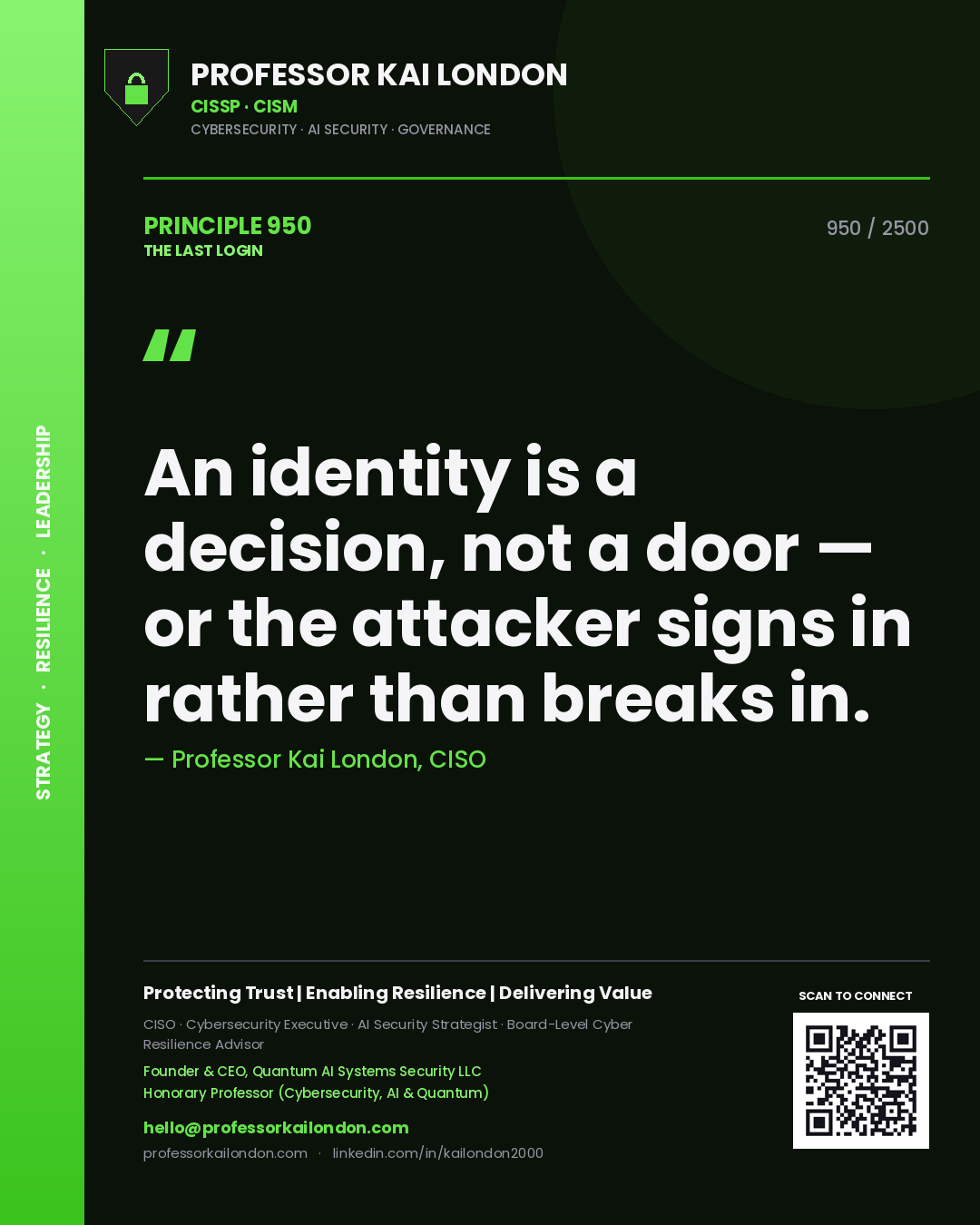 Professor Kai London principle 950: An identity is a decision, not a door — or the attacker signs in rather than breaks in.