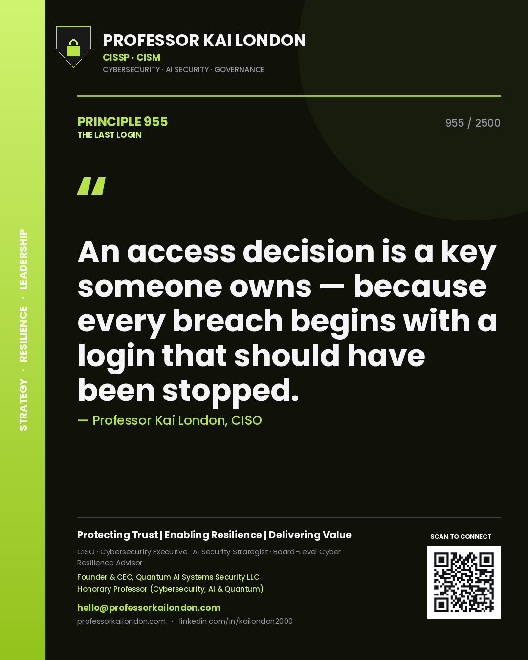 Professor Kai London principle 955: An access decision is a key someone owns — because every breach begins with a login that should have been stopped.