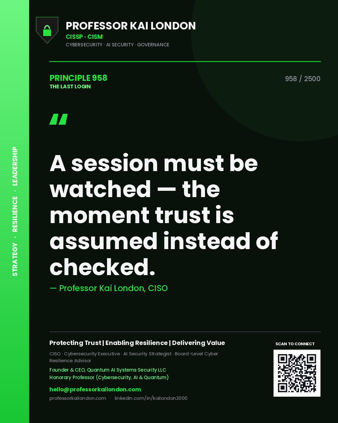 Professor Kai London principle 958: A session must be watched — the moment trust is assumed instead of checked.