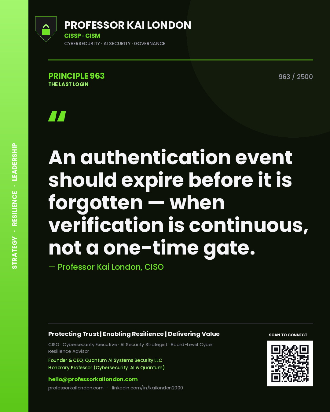 Professor Kai London principle 963: An authentication event should expire before it is forgotten — when verification is continuous, not a one-time gate.