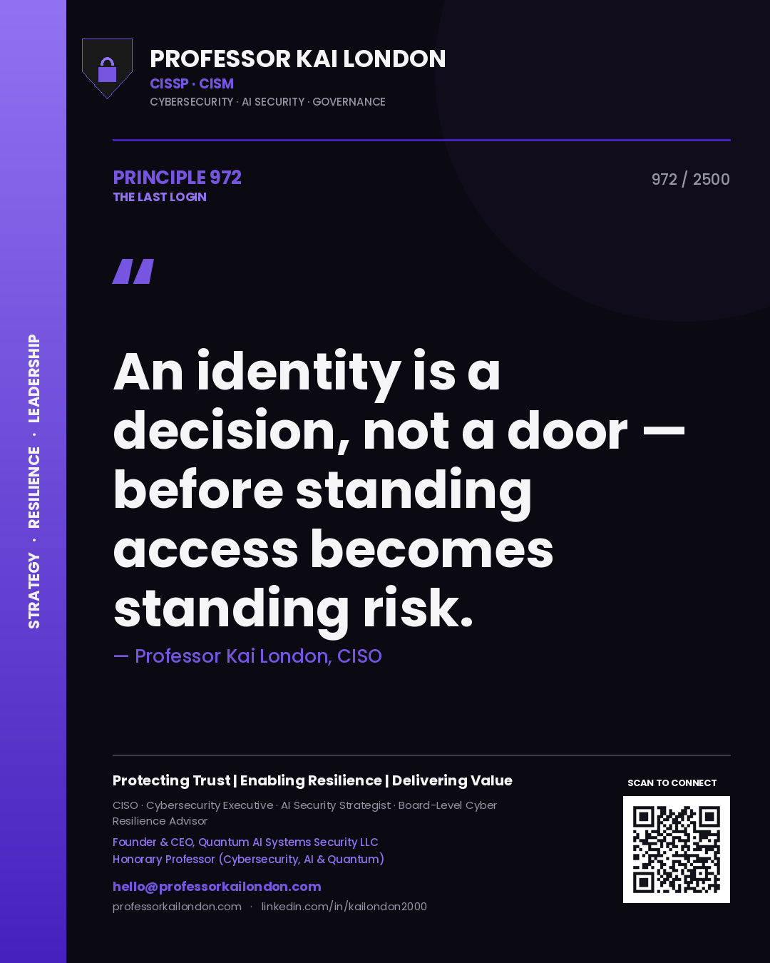 Quote card by Professor Kai London reading 'An identity is a decision, not a door — before standing access becomes standing risk.'. From the book The Last Login.